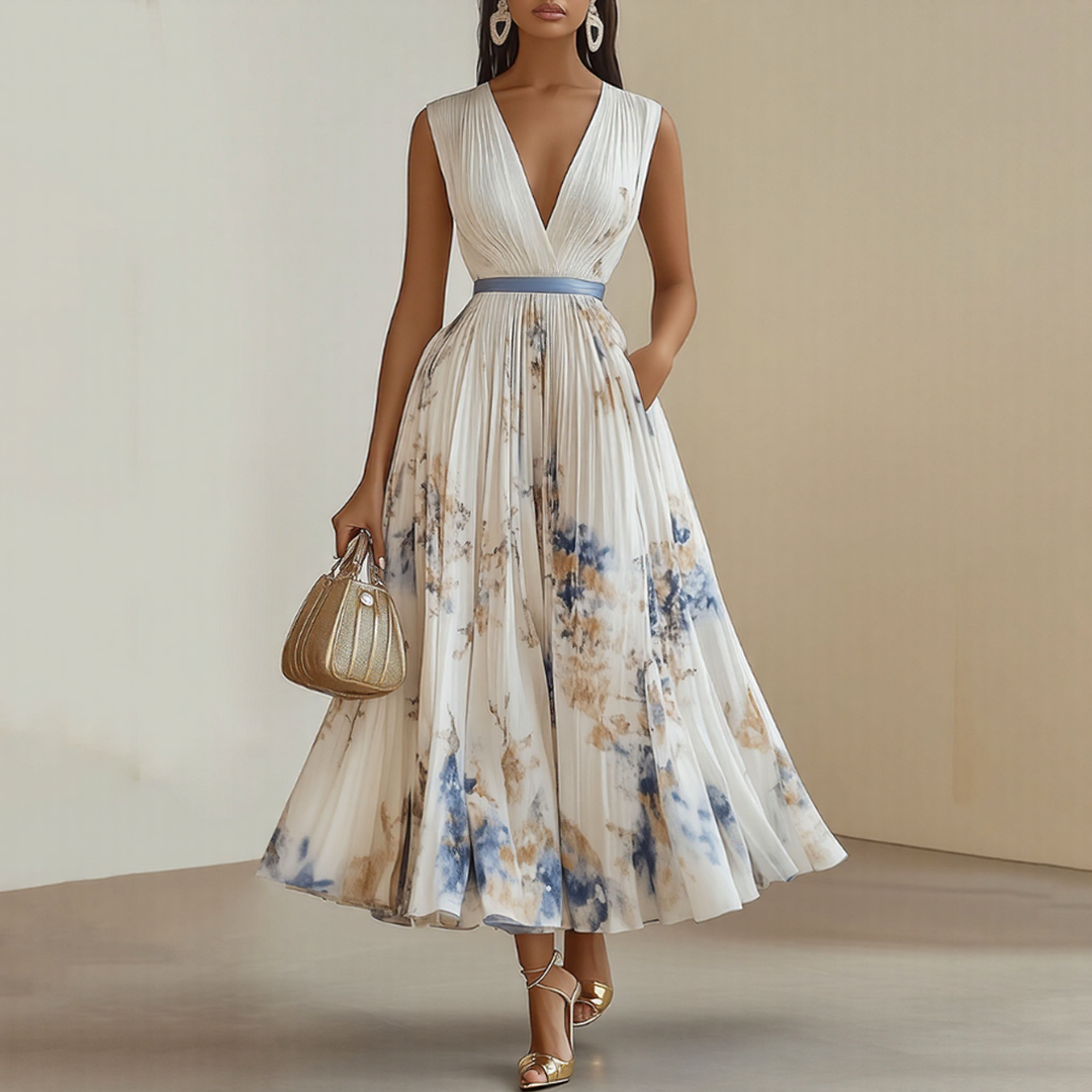 Elegant Pleated Maxi Dress in yellow showing ankle-length hem and graceful drape