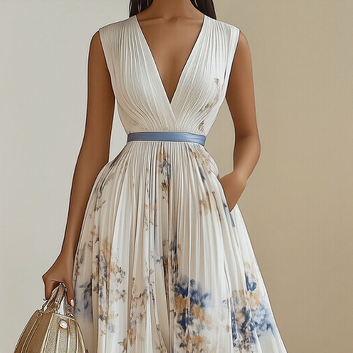 Pink Elegant Pleated Maxi Dress styled with heeled sandals for formal occasion