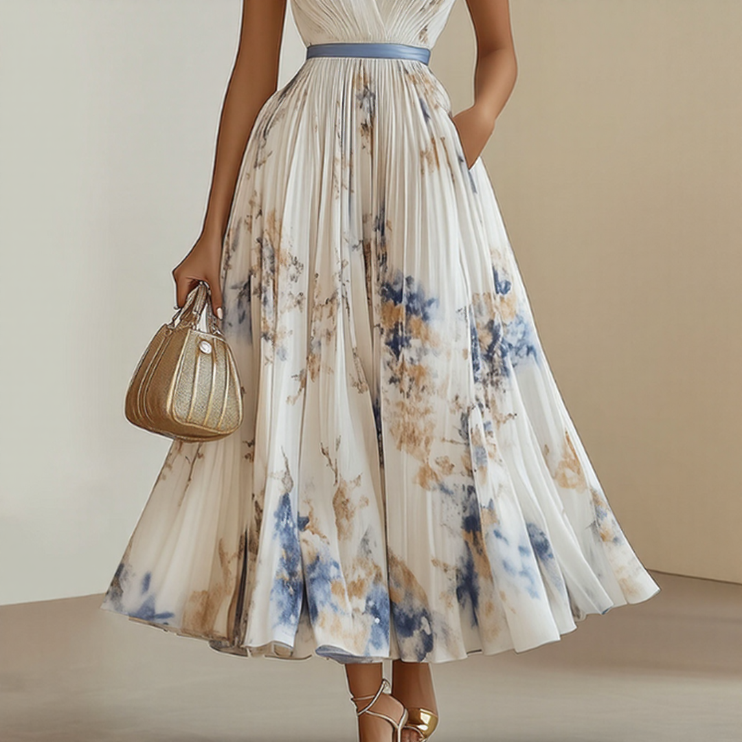 Green Elegant Pleated Maxi Dress displaying long sleeve detail and pleated skirt movement