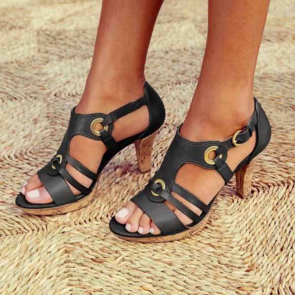 Full view of block heel sandals styled for warm-weather occasions and evening wear