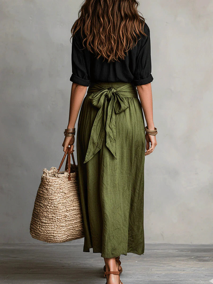 Side angle of Women Casual Skirt Two-Piece Set featuring high-waist tie belt and full maxi length skirt