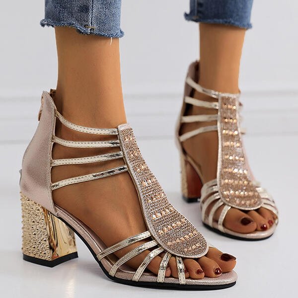 Metallic strappy heels with block heel and open-toe design for summer styling