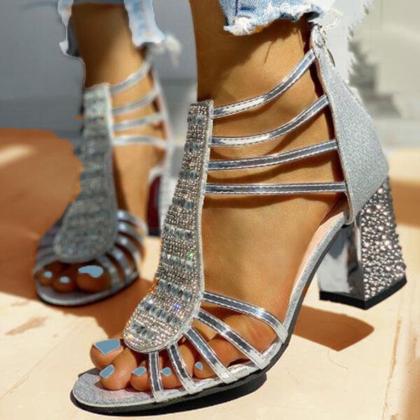 Women Summer Strappy Block Heels in gold finish with embellished heel counter and multi-strap silhouette