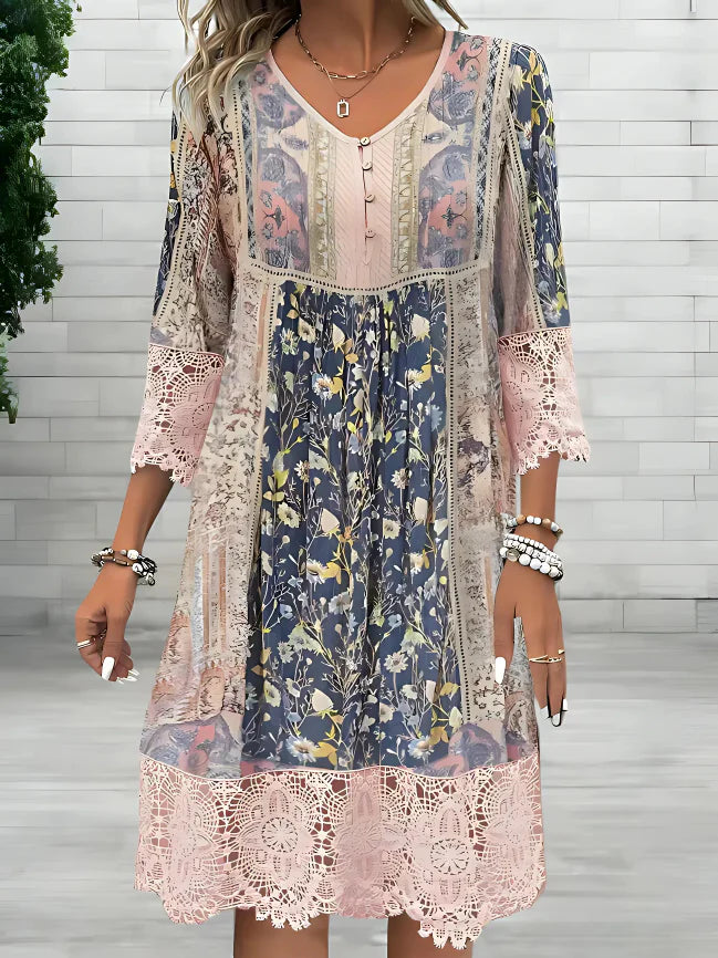 Boho V-neck midi dress with mixed floral prints and lace trim detailing on sleeves and hemline