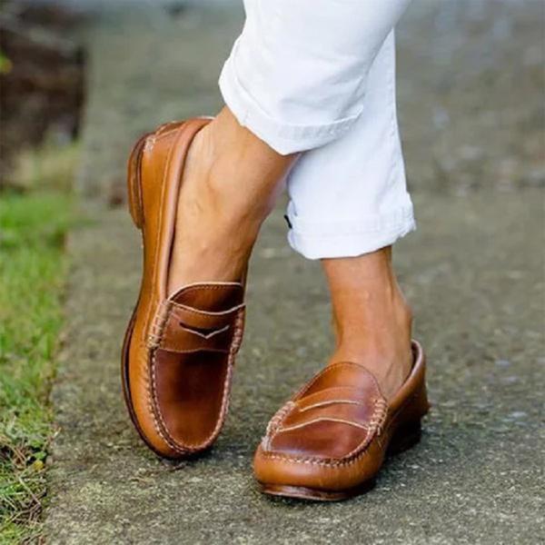 Fleur Women's Orthopedic Classic Penny Loafers with signature strap detail and moc-toe stitching in brown finish