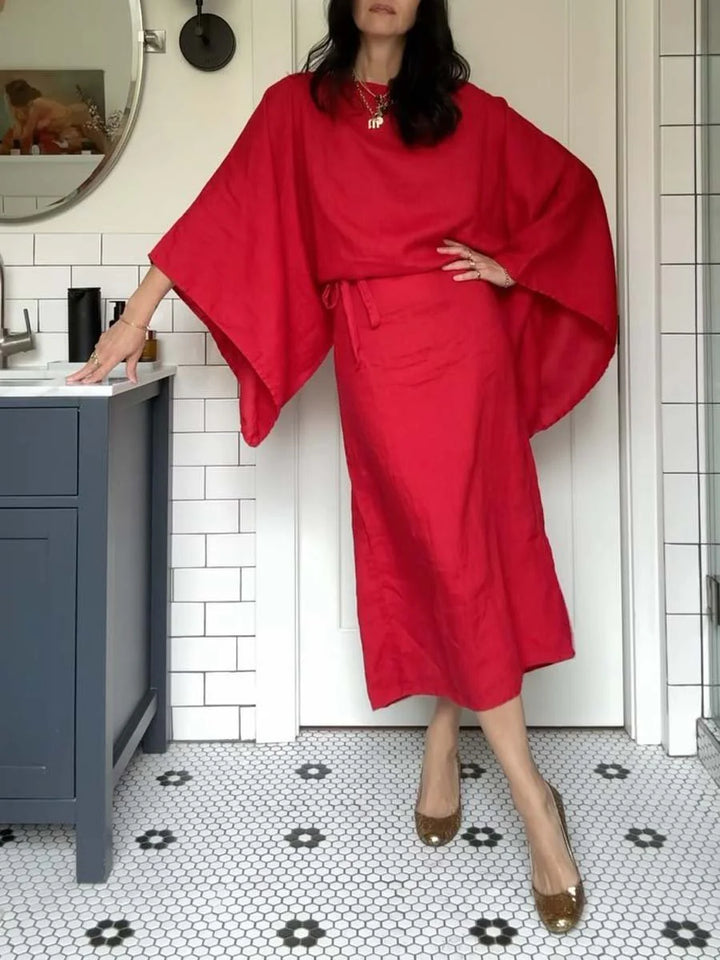 Women Elegant Kaftan Dress in red with wide kimono sleeves and tie waist detail