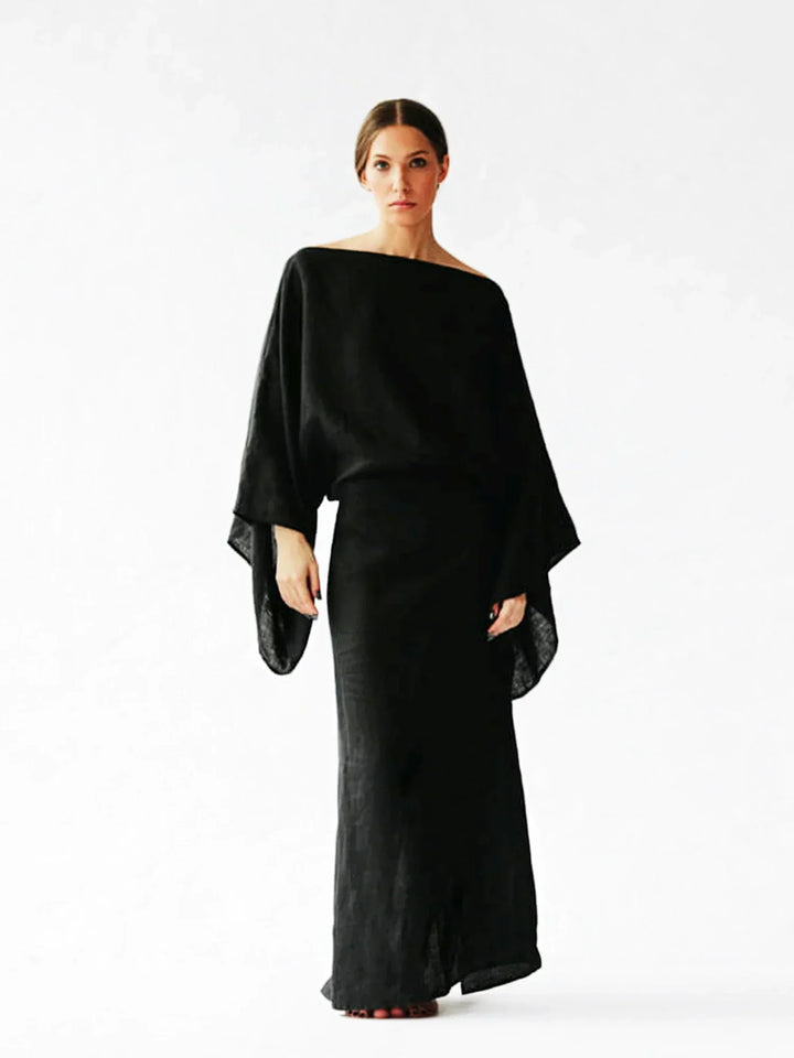 Side view of Women Elegant Kaftan Dress showing dramatic wide sleeves and flowing drape