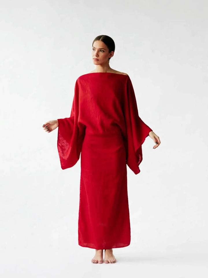 Full-length view of Women Elegant Kaftan Dress in red with kimono sleeves