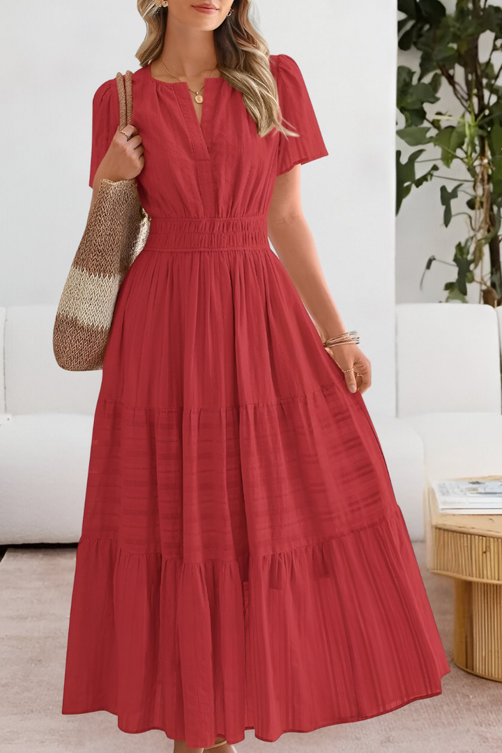 Detail shot of the elasticated waist and flowing tiered skirt on the midi dress