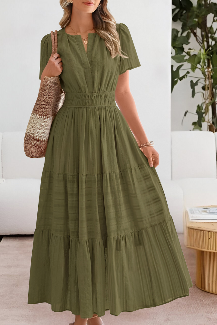 Styled look featuring the Boho Breeze Midi Dress with sandals for summer wear