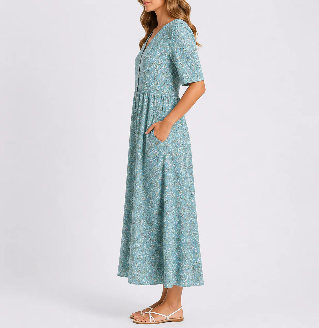 Close-up view of floral midi dress showing delicate floral print pattern and woven fabric texture