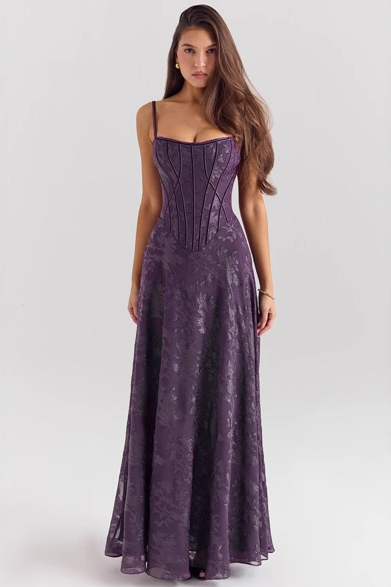 Genevieve spaghetti strap chiffon floral formal dress in purple with corset bodice and flowing maxi skirt