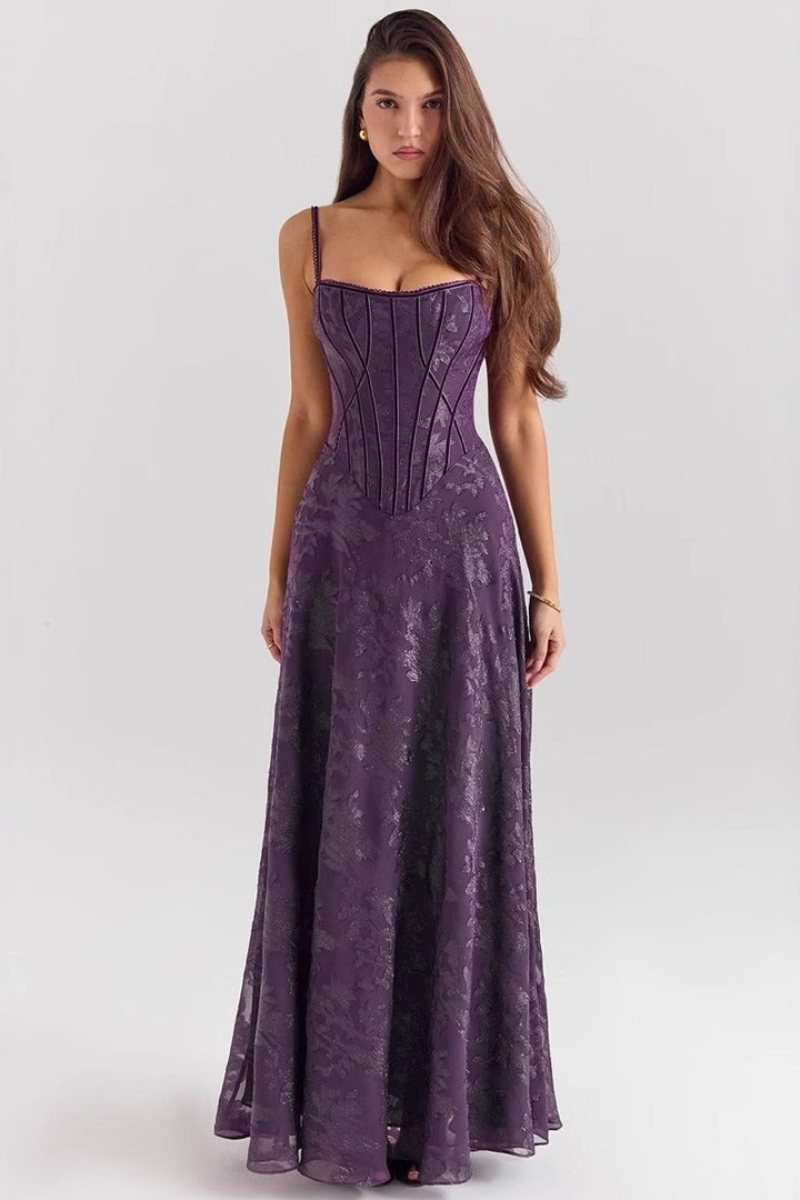 Genevieve spaghetti strap chiffon floral formal dress in purple with corset bodice and flowing maxi skirt