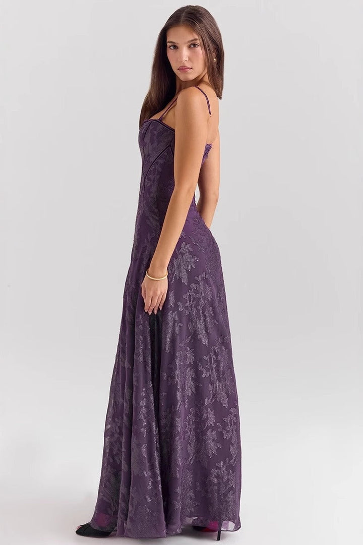 Spaghetti strap chiffon floral formal dress with structured bodice and delicate mesh overlay detail