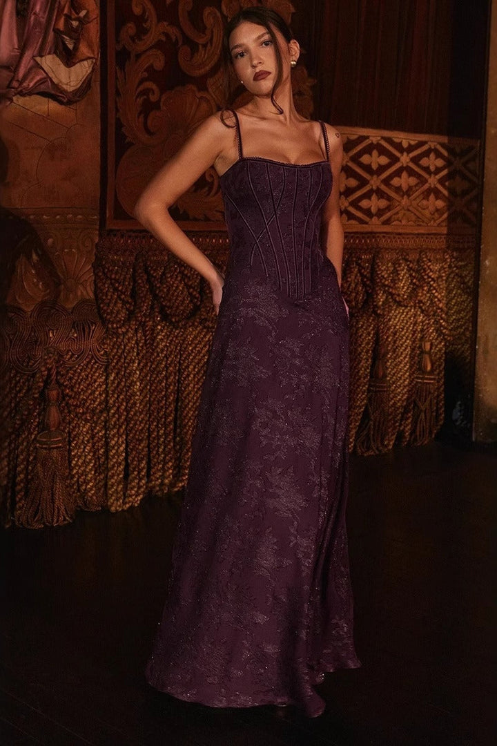 Corset-style bodice detail on spaghetti strap chiffon floral formal dress with adjustable thin straps