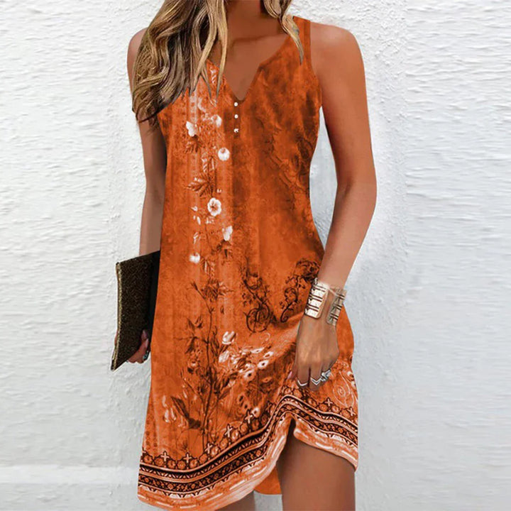 Full-length view of Women Printed V Neck Sleeveless Mini Dress styled for casual warm-weather wear