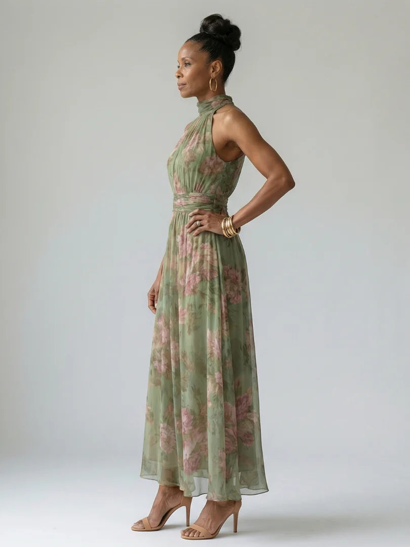 Front view of flowing Gathered Halter Midi Dress showing gathered bodice and floral print detail