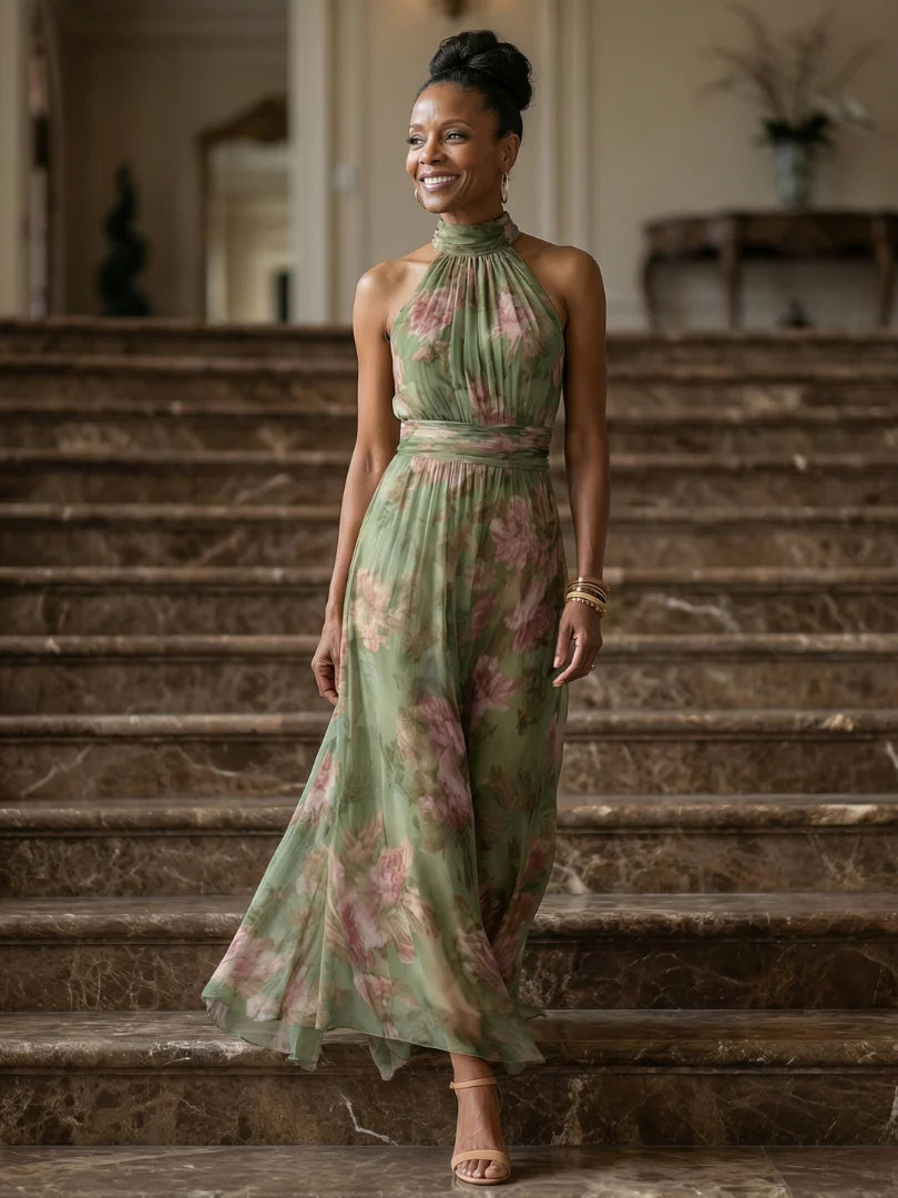 Full-length view of Gathered Halter Midi Dress showing ankle-grazing hem and flowing silhouette