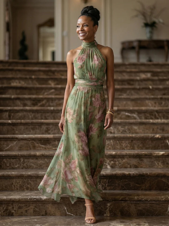 Full-length view of Gathered Halter Midi Dress showing ankle-grazing hem and flowing silhouette