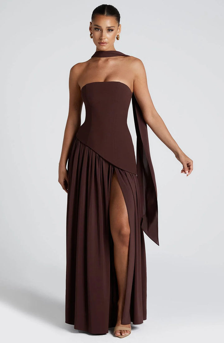 Detail of the flowing fabric and high front slit on the Strapless Maxi Dress