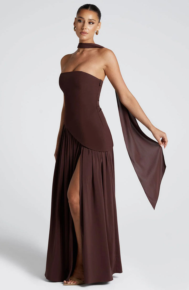 Full outfit styling of the evening maxi dress with statement accessories