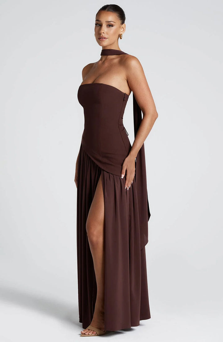 Detail view of the smooth fabric finish and clean strapless construction
