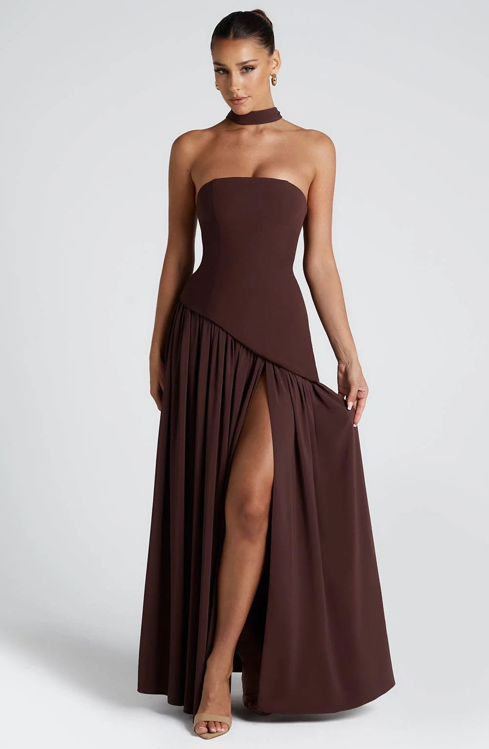 Full-length shot of the maxi dress showing the high slit and leg-elongating effect