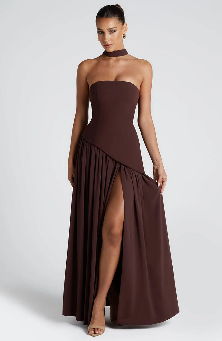 Full-length shot of the maxi dress showing the high slit and leg-elongating effect
