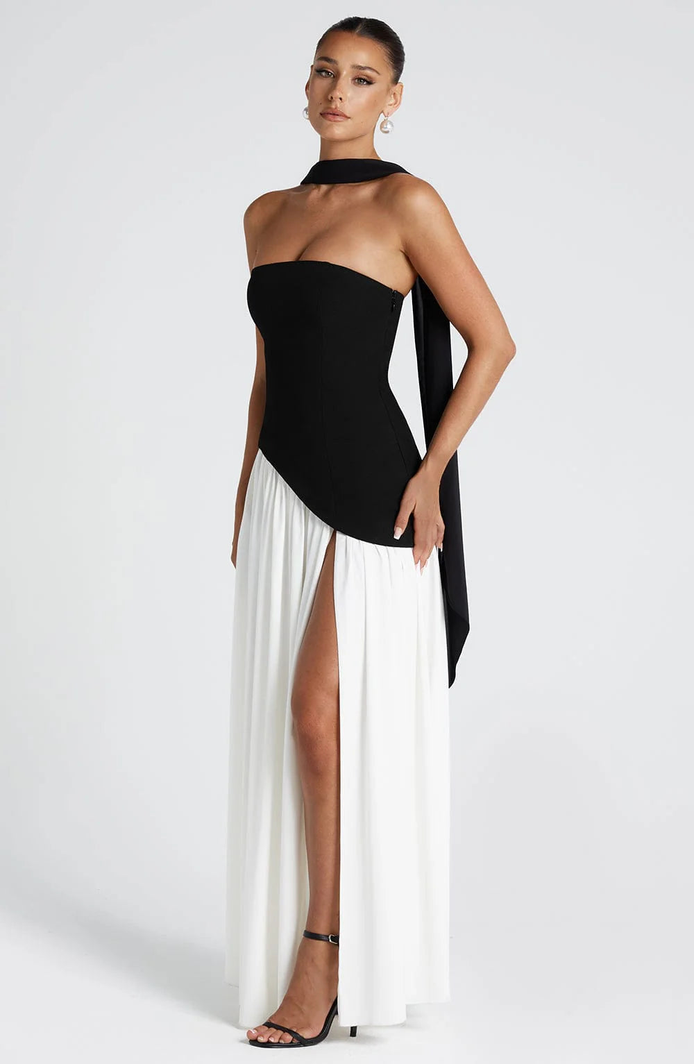 Full-length view of the Strapless Maxi Dress with High Slit in elegant evening styling