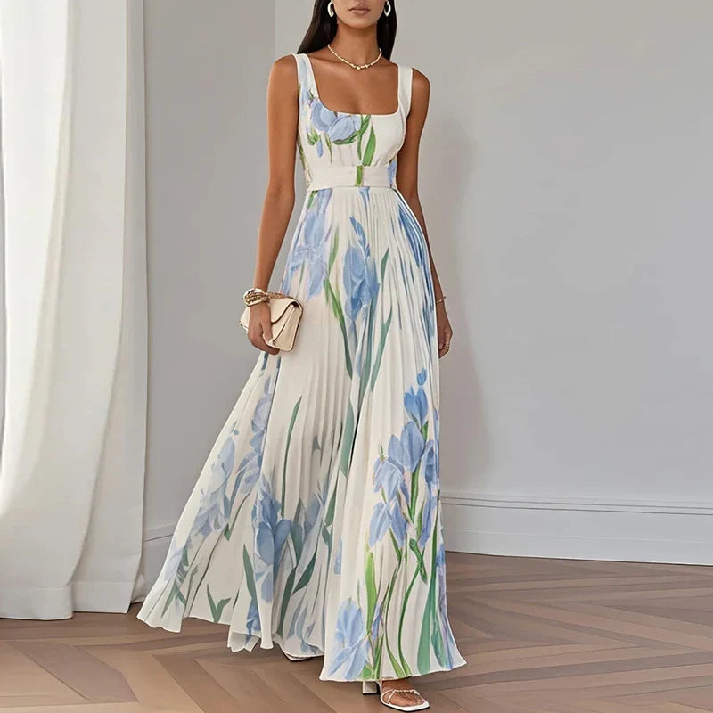 Women's Maxi Dress with Floral Design and A-Line Fit featuring square neckline and pleated skirt with botanical print