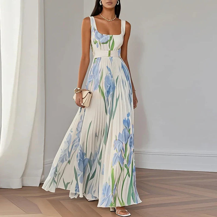 Women's Maxi Dress with Floral Design and A-Line Fit featuring square neckline and pleated skirt with botanical print