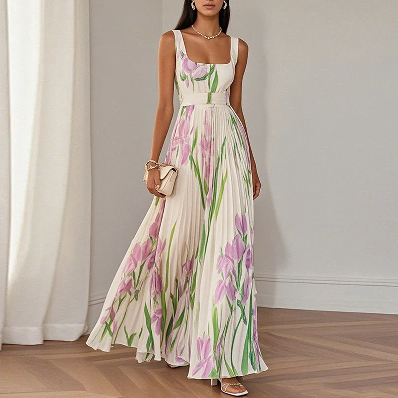 Detail of square neckline and wide shoulder straps on floral maxi dress