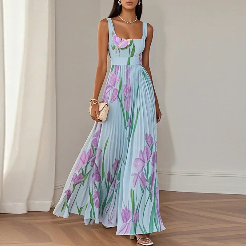 Side angle of maxi dress displaying flowing movement and floral print detail