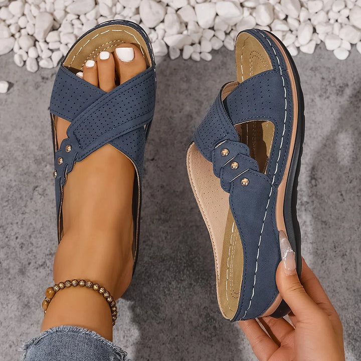 Grace women's orthopaedic wedge sandals in navy blue with cross-strap design and contoured footbed
