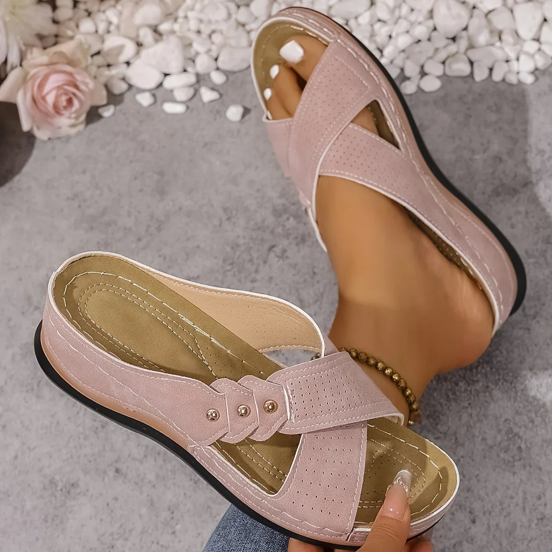 Rear view of wedge sandals showing heel height and stable sole platform