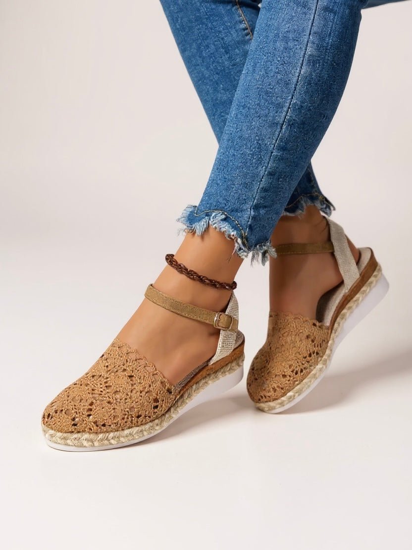 Harriet Boho Platform Sandals Crochet Woven Espadrille Women with adjustable ankle strap and handcrafted crochet upper detail