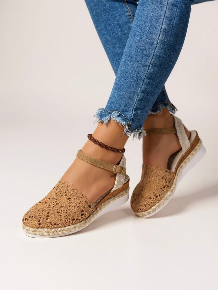 Harriet Boho Platform Sandals Crochet Woven Espadrille Women with adjustable ankle strap and handcrafted crochet upper detail