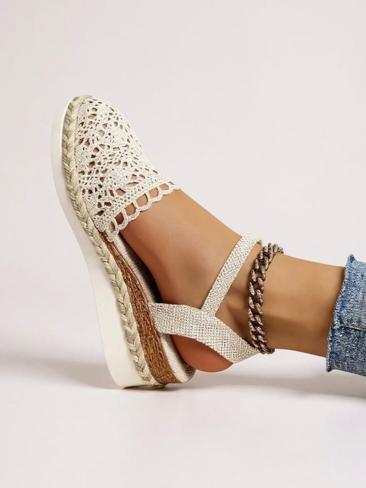 Side profile of Boho Platform Sandals Crochet Woven Espadrille Women displaying platform height and ankle strap buckle closure