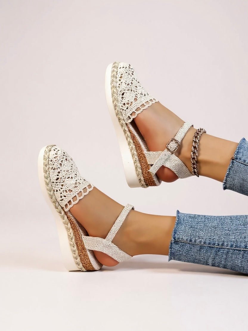 Boho Platform Sandals Crochet Woven Espadrille Women worn with denim jeans showcasing bohemian summer styling