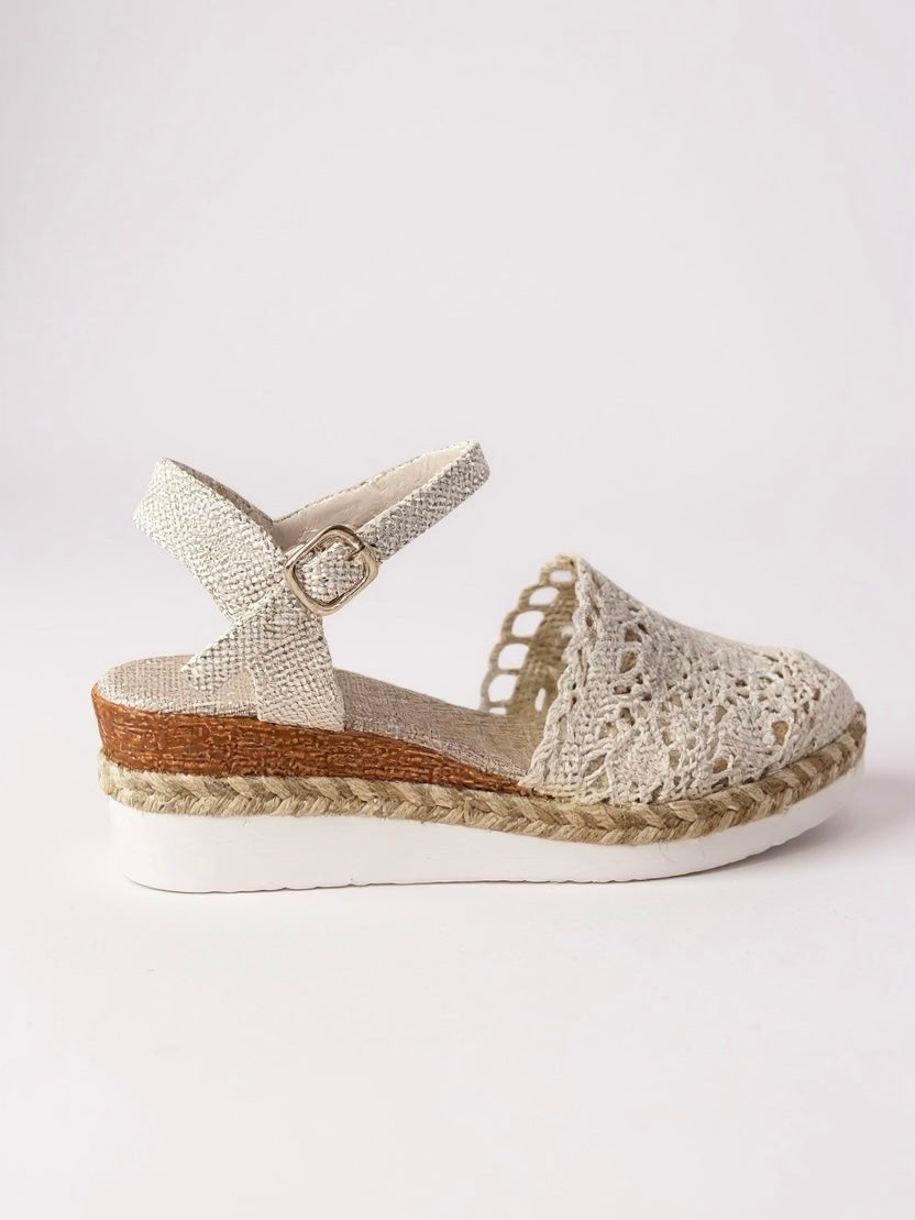 Detailed shot of crochet woven upper on Boho Platform Sandals Espadrille Women highlighting artisanal craftsmanship