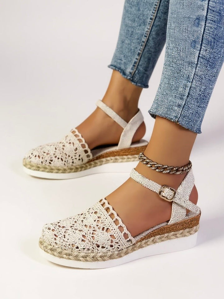Rear view of Boho Platform Sandals Crochet Woven Espadrille Women showing heel construction and ankle strap design