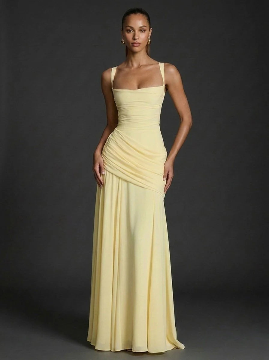 Harriet square-neck ruched maxi dress in butter yellow with fitted bodice and flared skirt for wedding guests