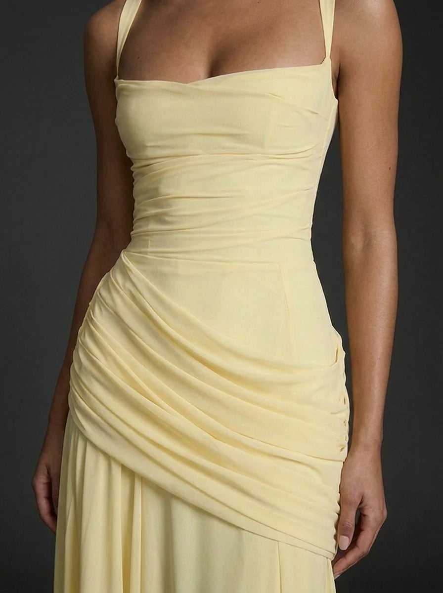 Front view of floor-length maxi dress with square neckline and diagonal ruched waist detailing