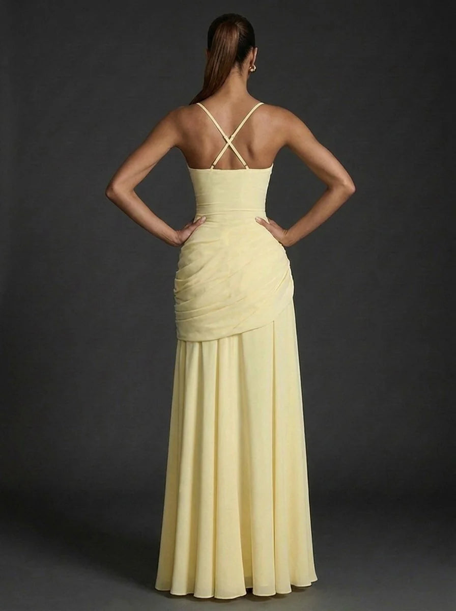 Back view of square-neck maxi dress with thick shoulder straps and full-length hem