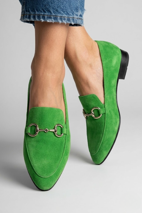 Women's Bohemian Canvas Moccasins in vibrant green with gold-tone hardware detail and lightweight flexible sole