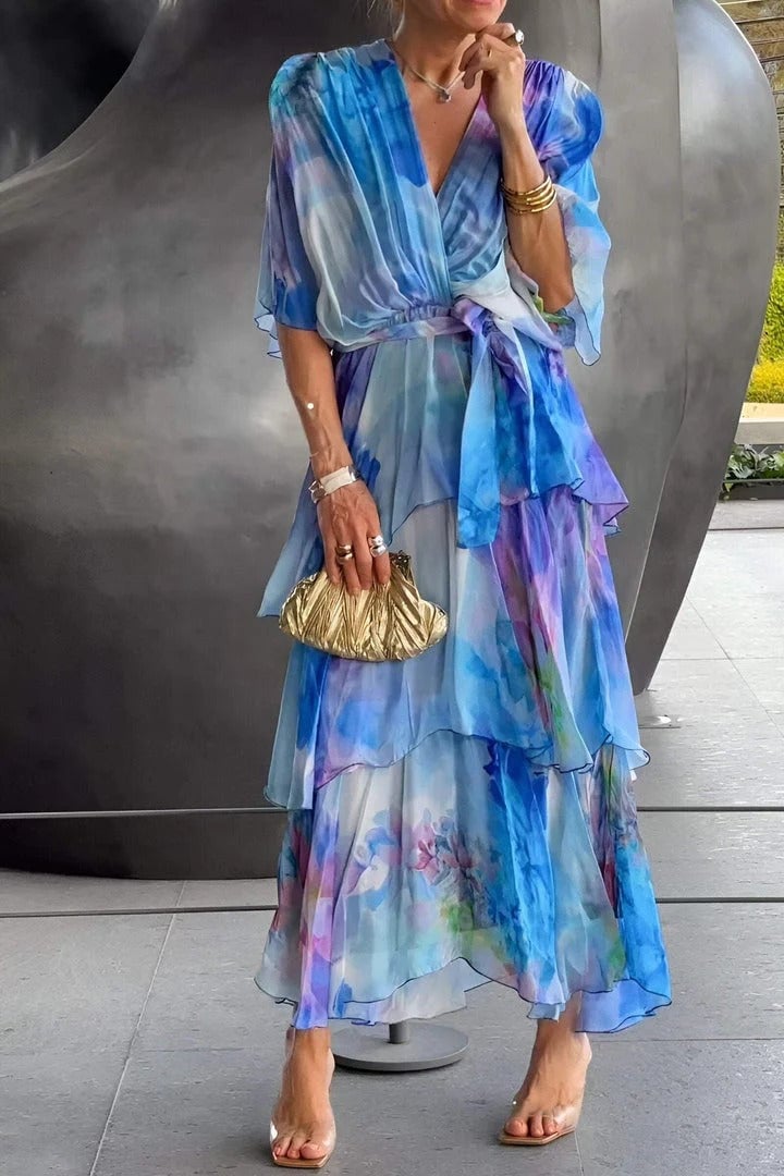 Women's Maxi Dress with Bohemian Print and Flowing Silhouette featuring tiered chiffon layers and V-neckline in blue watercolour print