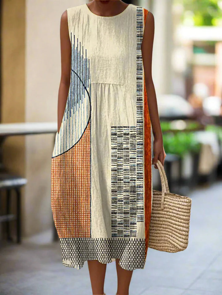 Relaxed fit midi dress with geometric pattern and sleeveless silhouette, styled with woven tote for casual summer wear