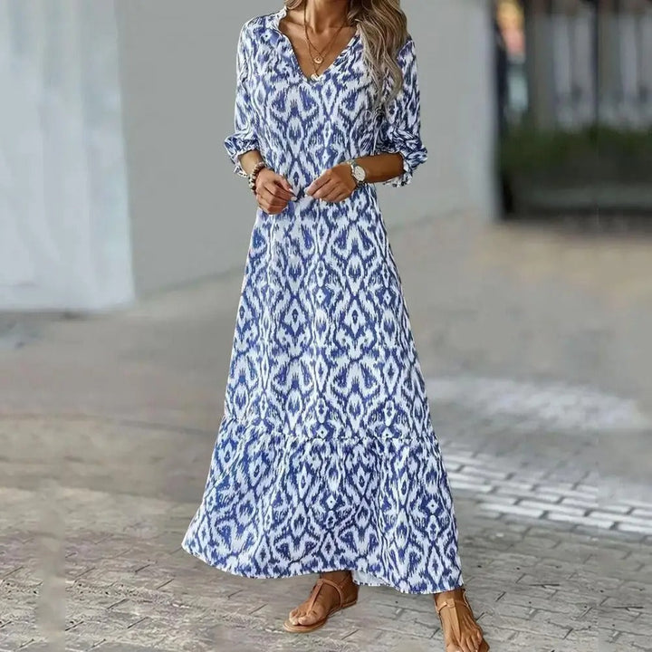 Women Sarah Long Summer Maxi Dress in blue and white ikat print with V-neckline and three-quarter sleeves