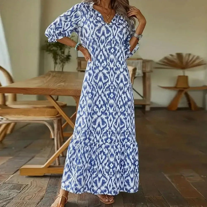 Close-up view of Women Sarah Long Summer Maxi Dress showing ikat pattern detail and relaxed fit