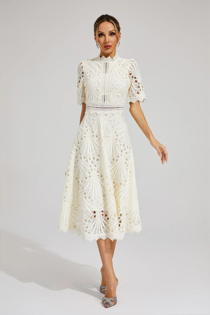 Side angle of crochet midi dress highlighting flattering silhouette and defined waist